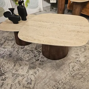 סט שולחנות סלון מעוצבים דגם ARIZONA שיש טרוורטין בשילוב רגל עץ בגוון אגוז