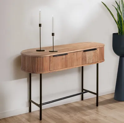 קונסולה מעוצבת דגם NAVA עץ מלא בשילוב רגל מתכת שחורה