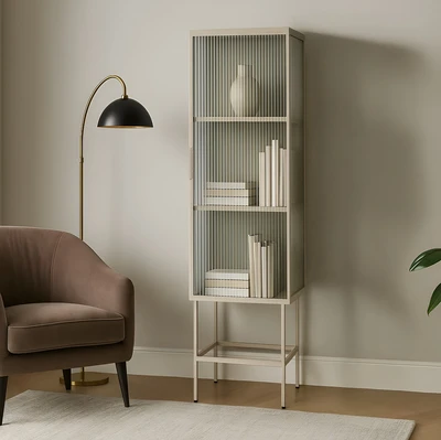 ויטרינה יוקרתית מעוצבת צרה GISELE מתכת גוון סהרה וזכוכית -170 סמ