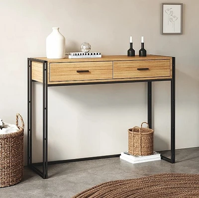 קונסולה מעוצבת דגם LIOR עץ בשילוב מתכת שחורה 2 מגירות-120 סמ
