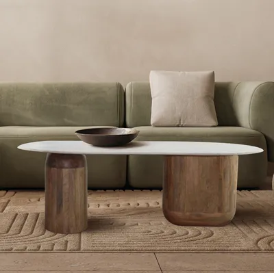 שולחן סלון מעוצב דגם OKANE שיש לבן בשילוב רגלים עץ אגוז