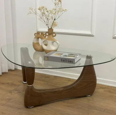 שולחן סלון מעוצב דגם LENY רגל עץ אגוז בשילוב זכוכית