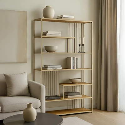 ספריה דקורטיבית דגם LIAV עשויה מתכת גוון סהרה ומדפי עץ אסימטריים - 200 ס''מ