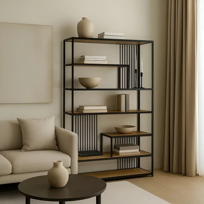 ספריה דקורטיבית דגם LIAV עשויה מתכת שחורה מדפי עץ אסימטריים - 200 ס''מ