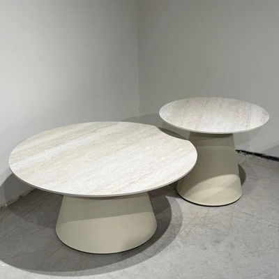 סט שולחנות סלון מעוצבים דגם TRUMP גרניט פורצלן בגוון טרוורטין רגל סהרה