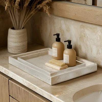 סט 2 מגשים מלבניים דגם GOSHEN דמוי אבן בגוון טרוורטין