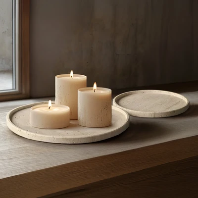 סט 2 מגשים עגולים דגם GOSHEN דמוי אבן טבעית בגוון טרוורטין