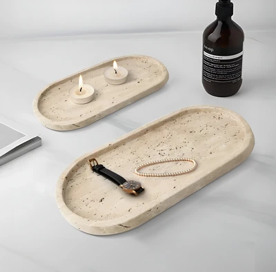 סט 2 מגשים אובליים דגם GOSHEN דמוי אבן טבעית בגוון טרוורטין