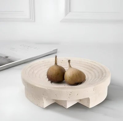 מגש קערה עגולה על רגל דגם GOSHEN דמוי אבן טבעית בגוון טרוורטין