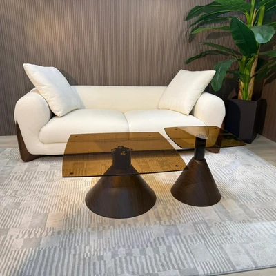 סט שולחנות סלון מעוצבים דגם LORD זכוכית מעושנת בשילוב רגל מתכת גוון אגוז