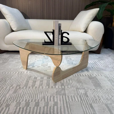 שולחן סלון מעוצב דגם STORM פלטת זכוכית בשילוב רגל עץ טבעי