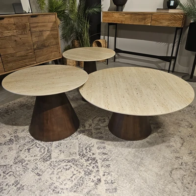 סט 3 שולחנות סלון מעוצבים דגם TRAVIS שיש גרניט פורצלן טרוורטין רגל עץ אגוז