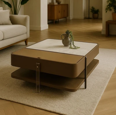 שולחן סלון מעוצב דגם BOLY פורצלן בשילוב דמוי עור ועץ